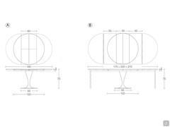 Diagramm der Abmessungen des Tisches Elio: A) rund ausziehbar auf 180 cm B) rund ausziehbar auf 270 cm