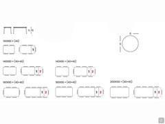 Diagramme und Abmessungen des Biblos-Tisches in rechteckiger Ausführung. Optionale Erweiterungen sind in rot dargestellt. Oben rechts der Querschnitt der kreisförmigen Struktur mit einem Durchmesser von 6 cm