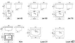 Technische Diagramme und spezifische Maße der Waschbecken der Kollektion Oasis laundry