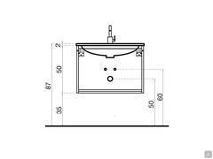 Schema mit indikativen Maßen für den Zusammenbau eines Badezimmerschranks mit einem eingebauten Waschbecken obenauf