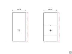 Mindestbreite für maßgefertigte Linearelemente (A) und maßgefertigte Linearelemente mit Prüffach (B)