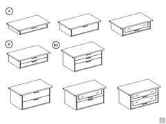 Schubladenmodelle: A) Einzelne Schublade, mit Rauchglasfront B) Doppelschublade mit glatten oder geräucherten Glasfronten B2) Mit 3 Schubladen und glatten Fronten, Nr. 2 kleinen oberen Schubladen und Nr. 1 Standardschublade