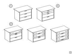 Schubladenschrankmodelle: A) mit 3 Schubladen und glatten Fronten A1) mit 3 Schubladen und Rauchglasfronten B) mit 3 Schubladen und glatten Fronten, 2 kleinen oberen Schubladen und 2 Standardschubladen