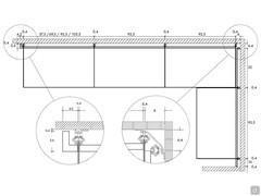 Abmessungen einer Eckkomposition, geschlossen mit einer L-förmigen Platte auf der linken Seite. Das doppelte Regalsystem für die Verwaltung der Eckmodule ist deutlich sichtbar