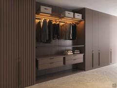 Der begehbare Kleiderschrank Horizon Lounge, kombiniert mit den Klappmodulen der gleichen Kollektion, ist ein funktioneller und auffälliger Hybridschrank