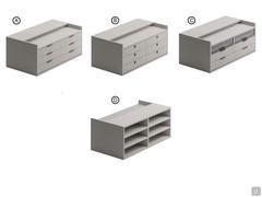 A) Modell mit glatten Fronten und T16-Griff - B) Modell mit glatten Fronten und Lederknauf - C) Modell mit grau-transparenten Glasfronten - D) Schubladenrückwand mit offenen Fächern für alle Mo