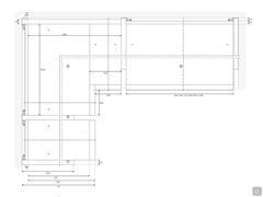 Schema der Eckverbindung Bay Wide mit den Abmessungen der einzelnen Elemente: 1) und 2) Trennwand; 3) Eckmodul cm 106,8 x 106,8; 4) Linearmodul von 46,5 cm bis 110,6 cm, in Konfiguratorbreiten erhältlich