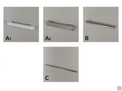 Erhältliche Griffe: aus weißem Methacrylat (A1) oder visone (A2), aus mattem Nickel mit kurzem (B) oder langem (C) Teilungsrundprofil