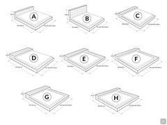 Zeichnungen des Bettes Squaring von Bonaldo, in allen 8 verfügbaren Modellen. Jedes kann mit 4 verschiedenen Lattenrosten hergestellt werden: von Queen bis King Size