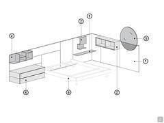 Beispiel für ein komplettes System: - 1) Verkleidungspaneele - 2) offene Elemente - 3) Metallregal - 4) bodenstehende Schränke - 5) Spiegel - 6) Bettpositionierung