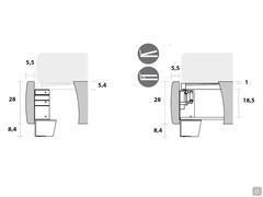 Diagramme des Bettrahmens und des Bettkastenfachs bei Modellen mit Metallfuß h.8,4 cm. Links in der Ausführung ohne Staukasten, rechts mit Fach h.18,5