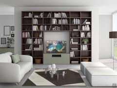 An der Wand stehendes modulares Bücherregal p.45,6 laminato Olmo Scuro, base porta tv laccato Laguna