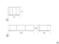 Maßskizze des Design-Couchtisches aus Glas Dedalo: A) quadratische Version / B) rechteckige Version