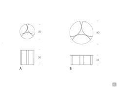 Maßzeichnung des Couchtisches Jazz aus Metall und Glas: A) Sofaseite / B) Sofavorderseite