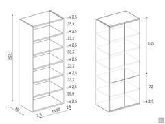 All-in-Bücherregal für Cabrio-Bett - Diagramme und Maße der Regalelemente mit 6 Fächern von 50 und 95 cm, mit Beispiel einer saisonalen Tür (eine von mehreren möglichen Konfigurationen)