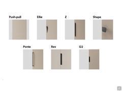 Schema der Griffe, die für den Schrank mit Wide Schubladen erhältlich sind. Neben diesen aufgesetzten Griffen sind auch lackierte Metallgriffmulden oder matt lackierte Griffmulden in den Musterkatalog Farben erhältlich