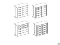 Doppelschubladenschränke mit 10 Schubladen für 120 und 144 cm Module - Schubladen mit glatten Fronten, n.2 kleinen oberen Schubladen oder mit n.4 / n.10 Fronten aus Rauchglas