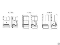 Kleiderschrank mit TV-Wide-Modul - Diagramm der drei verfügbaren Höhen. Der Teil der Schubladen und des TV-Halters bleibt unverändert, während sich die Höhe der oberen Türen ändern sich