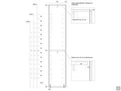 Schematische Darstellung der Tiefe und der Innenbohrungen des Lake Wide Schranks. In den Bohrungen (16 cm Abstand) können Fachböden, Schubladen oder anderes ausziehbares Zubehör montiert werden