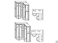 Diagramme und Innenmaße der beiden Eckmodelle Driver Wide mit Arktisglas oder Spiegeltüren und Metallrahmen