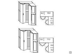 Schematische Darstellung und Innenmaße der beiden Modelle des Driver Wide Eckschranks mit Melamin-, Lack- oder Holztüren