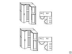 Schematische Darstellung und Innenmaße der beiden Modelle des Driver Wide Eckschranks mit Melamin-, Lack- oder Holztüren