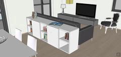 3D Design Wohnzimmer/Wohnzimmer - Detail von Rücken an Rücken stehenden Bücherregalen