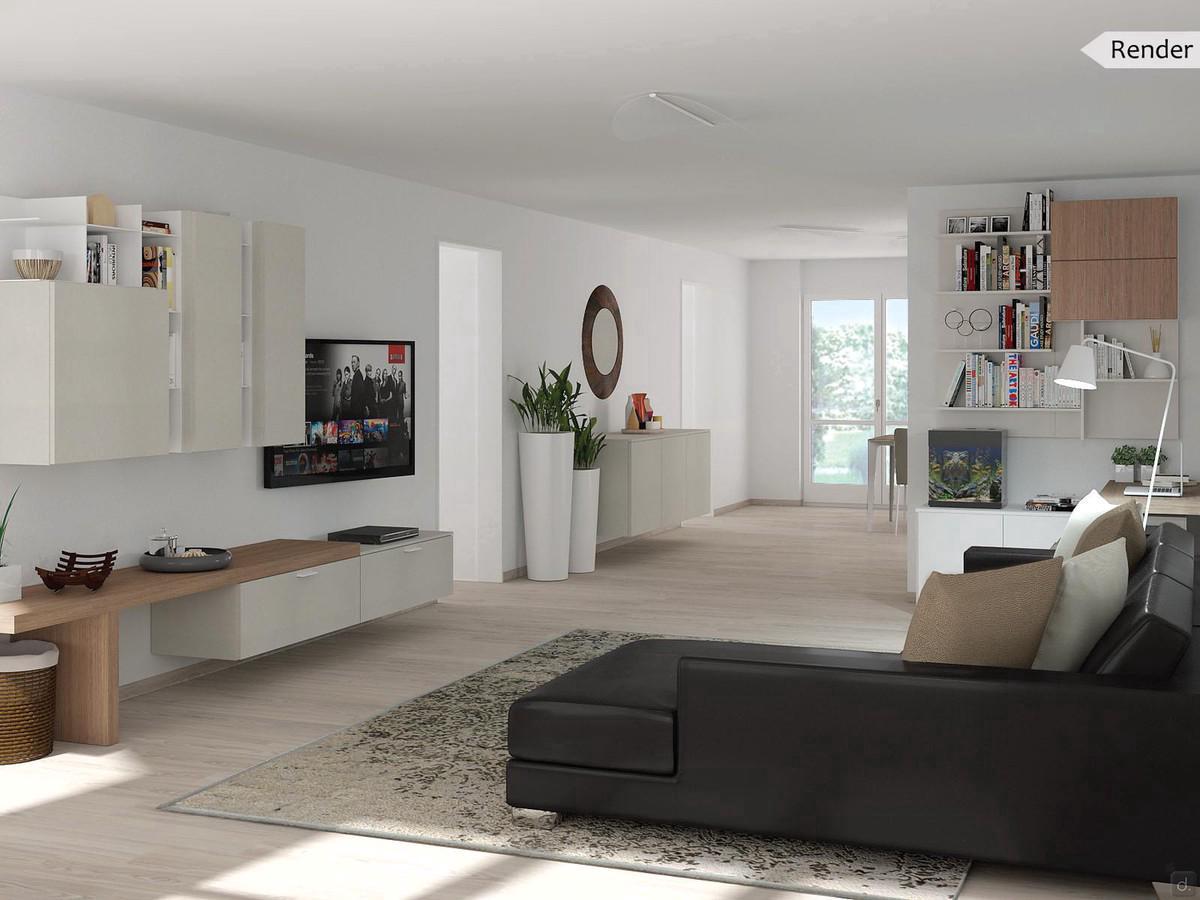 Entwurf für ein rechteckiges Wohnzimmer - Render