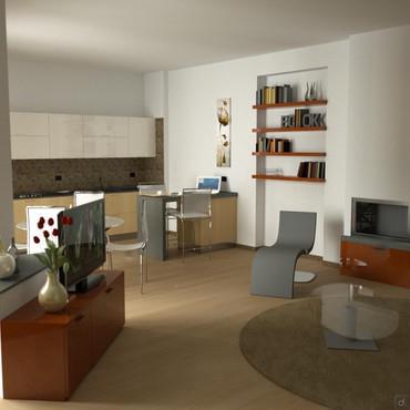 Progetto per open space di 80 mq - render zona living