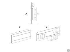 A) Positionierungs-/Abstandsmaße am Kopfteilpaneel - B) Kopfteilpaneel in Größen bis zu 320 cm erhältlich - C) offene Elemente frei auf der Paneele positionierbar