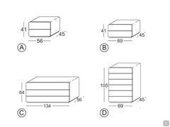 Nachttische mit abgerundeten Ecken Icarus - A/B) Nachttisch mit 2 Schubladen 56 und 69 cm, C) Kommode mit 3 Schubladen, D) Wochenmagazin mit 6 Schubladen