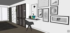  3D Design Wohnzimmer/ Living Room - Ansicht von Home Office Bereich und Bücherregal