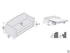 Diagramme und Abmessungen des Schlafsofas Camelia, mit Detail der verstellbaren Armlehne