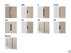 Diagramm der Griffe, die für die Schiebetüren des Kleiderschranks Focus Wide erhältlich sind. Alle sind in lackiertem Metall oder matt lackiert in den Beispielfarben erhältlich