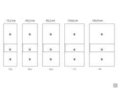 Einzelne Modulbreiten sind für den Layout Wide Schrank erhältlich, die dann zu verschiedenen 2-, 3- oder 4-türigen Kompositionen zusammengestellt werden können, die im Konfigurator verfügbar sind. Die Paneele A und B sind in einfarbigen oder kontrastieren