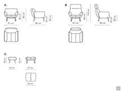 Modell und Maße Pil-Sessel von Bonaldo: A) Lounge-Version B) Version mit Kopfstütze C) optionaler Fußhocker