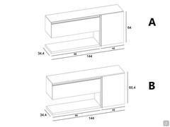 Maßskizze des Dielensideboards Plan 02. (A): Modell mit einzelnem integrietem Abdecktop. (B): Modell mit aufgelegtem Abdecktop st. 1,4 cm.