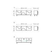 Diagramme und Maße - 1) Maße des dreitürigen Sideboards mit Fuß - 2) Maße des dreitürigen Sideboards mit Sockel - 3A) melaminharzbeschichtete Seitenablagen - 3B) optionaler Glasboden für das mittlere Fach