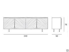 Zeichnungen und Maße des Design-Sideboards mit skulpturalen Stella-Türen in der 4-türigen Version