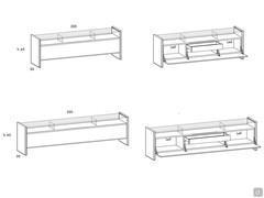 Zeichnungen, Maße und Innenausstattung des Sideboards Manila mit Mittelklappe und Innenschublade