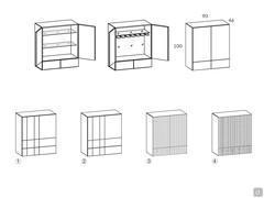 Oyster Wandhängend Highboard in zwei Ausführungen: Standard und Bar Fach. Fronten mit folgenden Verfahren erhältlich: 1) Liniengravuren 2) Metalleinlage 3) "U"-Gravuren 10:10 4) "V"-Gravuren 10:2