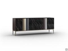 Elegantes Sideboard Keramos mit Türen aus glänzendem Keramik Noir Desire, Struktur und Platte aus dunklem Eichenfurnier und champagnerfarbenem Metallsockel