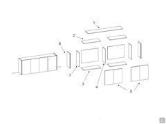 Strukturelle Zusammensetzung des Lounge-Sideboards: 1) 1,8 cm starke Platte - 2) Innenmodulplatte - 3) Innenmodulboden - 4) Trennwand - 5) Türen - 6) Abschlussseite passend zu Türen und Platte - 7) Innenstrukturseite