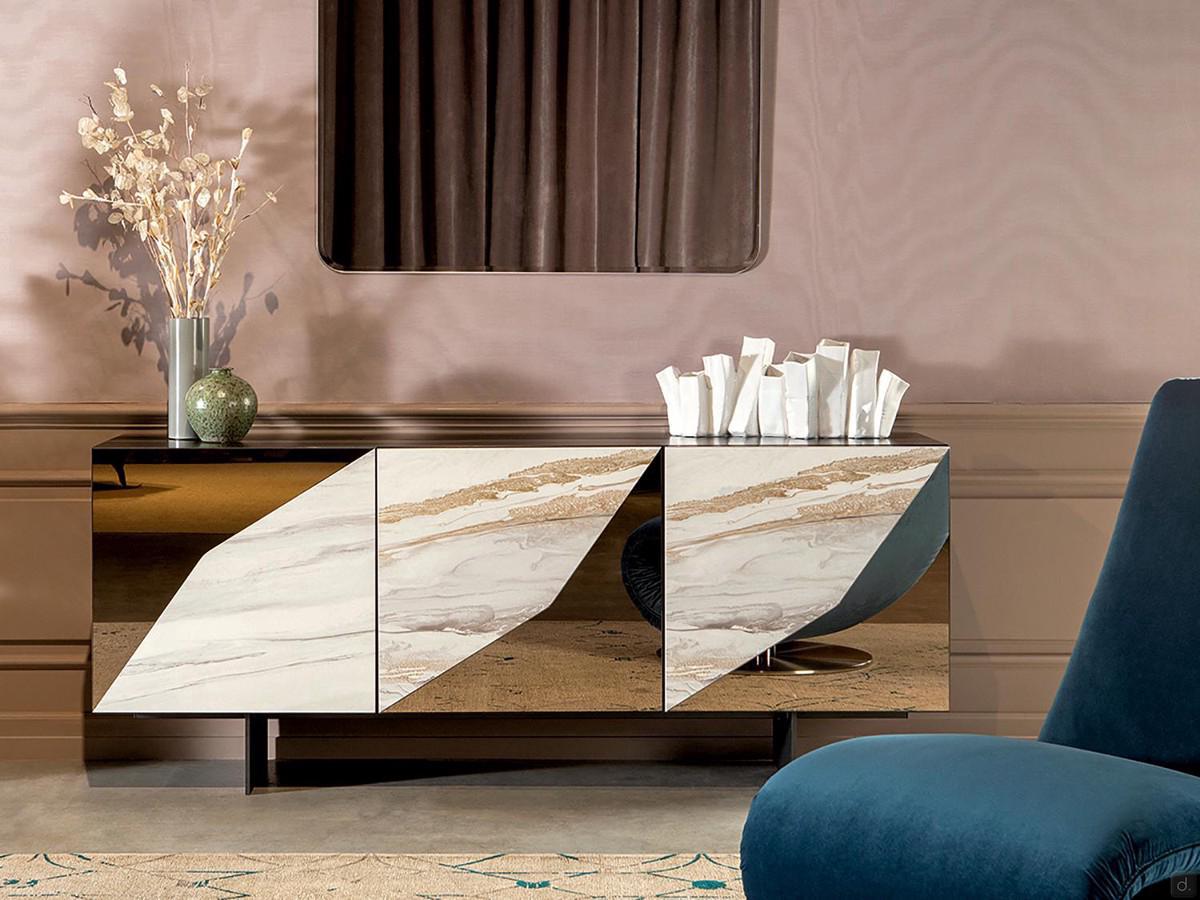 Dreitürige Sideboard Alcione aus Steingut V092P Flüssigerde und Spiegelglas Bronze