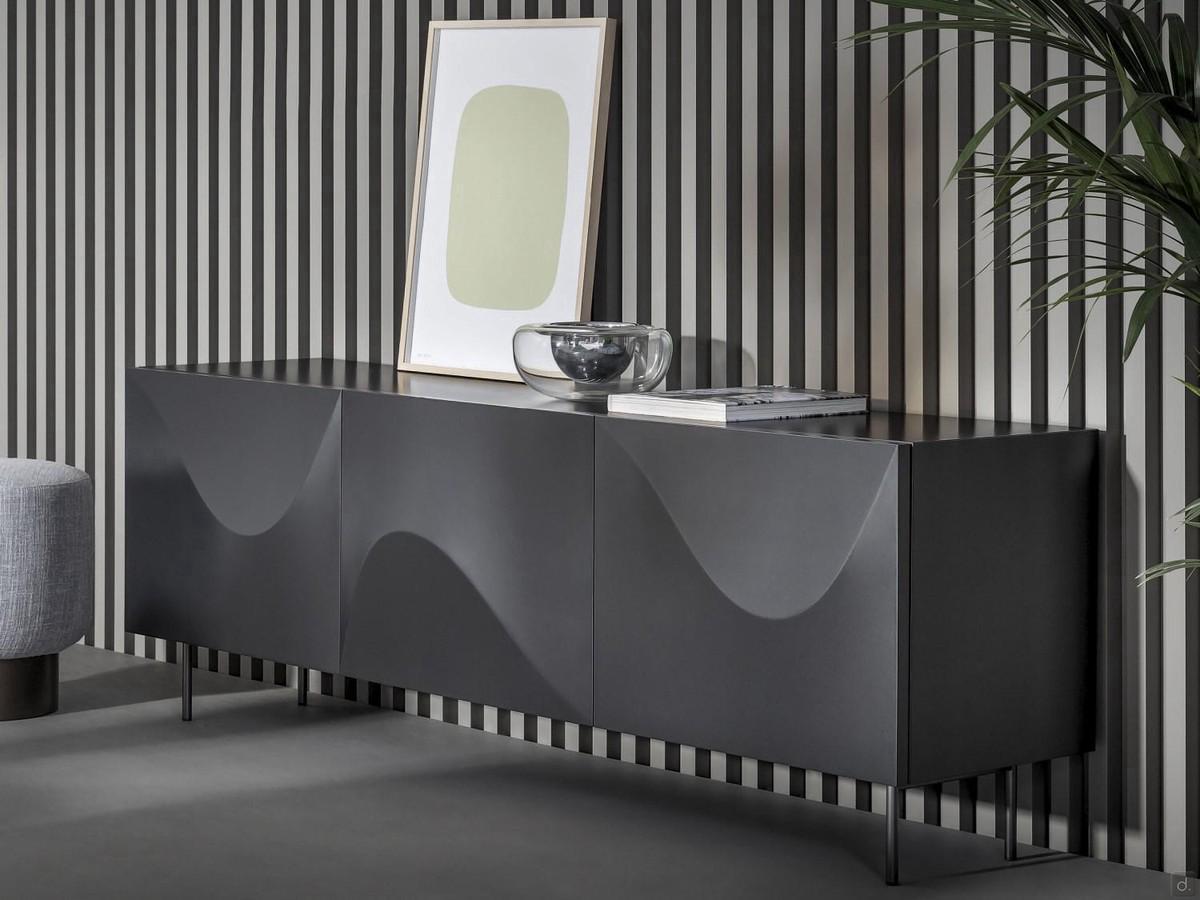 Sideboard Vertigo mit dreidimensionalen Fronten von Bonaldo - Version mit 3 Türen aus Bleipolyurethan mit passendem Rahmen und Füßen