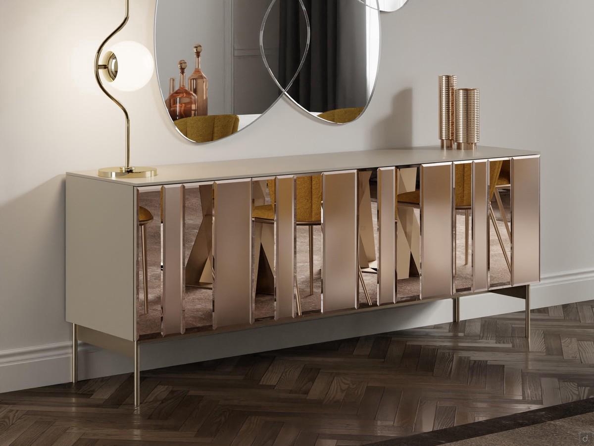 Modernes Sideboard Moma mit Einsätzen aus bronzefarbenem, schräg gespiegeltem und sandgestrahltem Glas und champagnerfarbenem Metalluntergestell