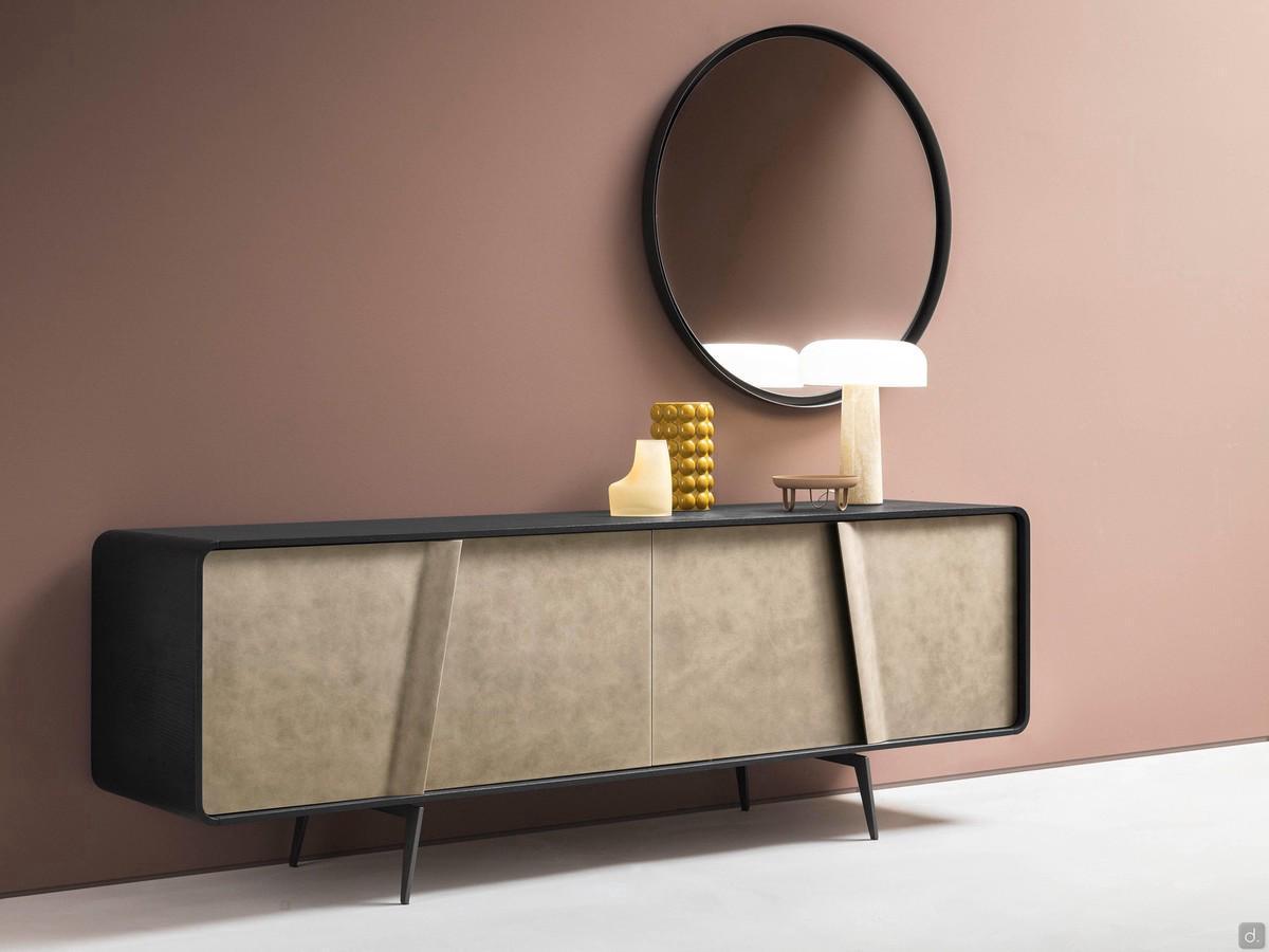 Lackiertes Design-Sideboard, hier mit kontrastierender Struktur in Eiche Fossil und gebürstetem Nickel lackierten Türen Connie