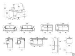 Modularität des Sofas Shirley: linear, Abschlusselemente, Chaiselongue, Abschlusselement mit Meridienne-Eckverlängerung, Ottomane