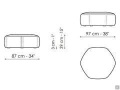 Sektionssofa mit sechseckigen Modulen Panorama New - Diagramme und Maße des Hockers, auch in einer Version auf Rädern mit denselben Maßen erhältlich