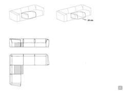 Zeichnung der ausziehbaren Sitze des linearen Sofas und des Ecksofas